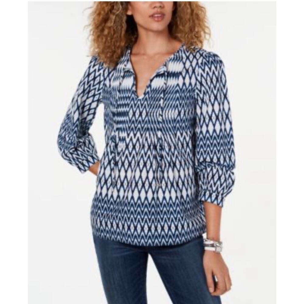 Tommy Hilfiger Blue White Ikat Peasant Top Pinch Pleated Sz L